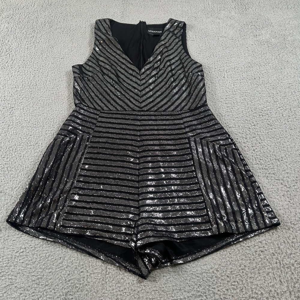 MINKPINK Romper Womens Large Black Metallic Striped Sleeveless Party IM15F2061 - Picture 16 of 16